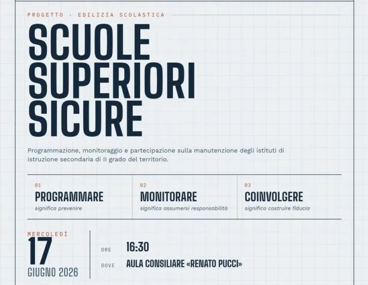 “Scuole Superiori Sicure”, mercoledì l’incontro pubblico in Aula Consiliare